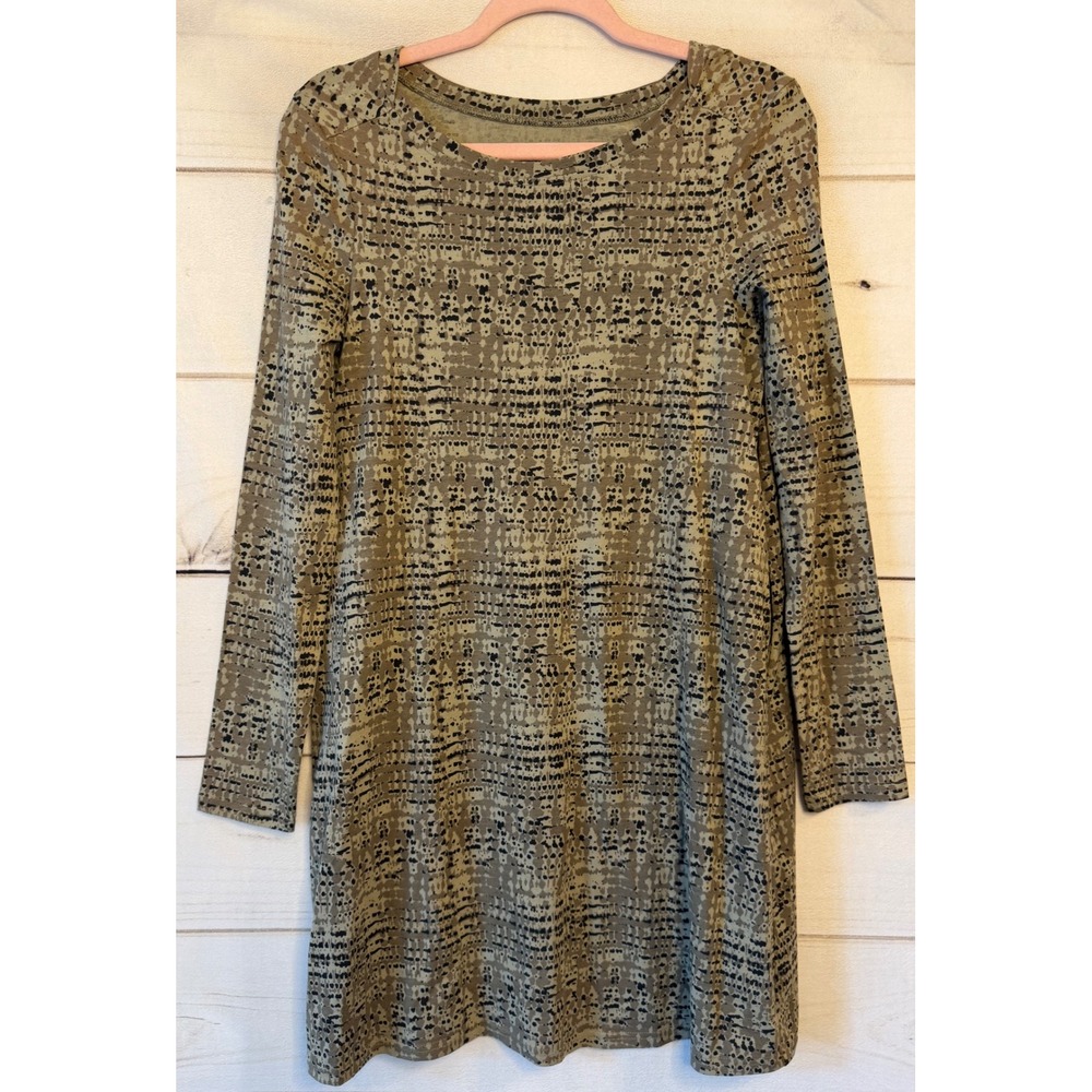 Pact Organic Cotton Long Sleeve Shift Dress Olive Green Abstract Print Small